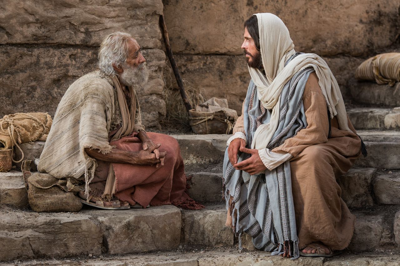 Jezus Chrystus rozmawia przy sadzawce Betezda z mężczyzną, którego uzdrawia