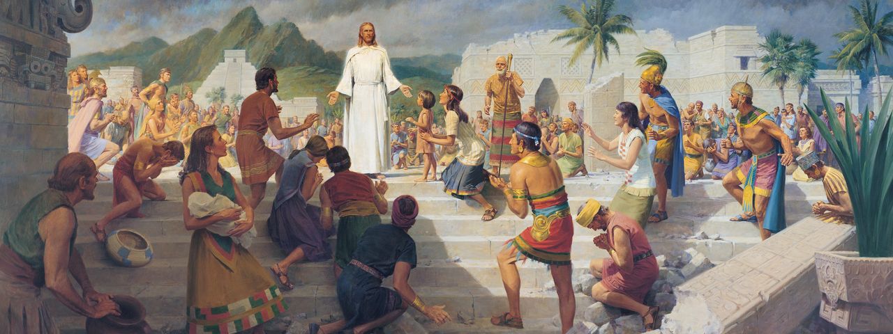 Jezus Chrystus ukazuje się ludziom na pradawnych kontynentach amerykańskich w Księdze Mormona