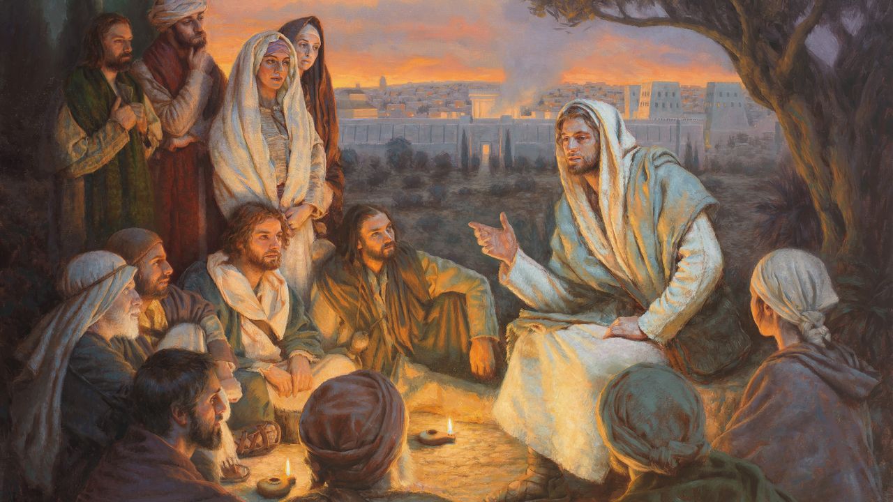 Jezus Chrystus naucza Swoich uczniów na wzgórzu ponad bramami Jerozolimy