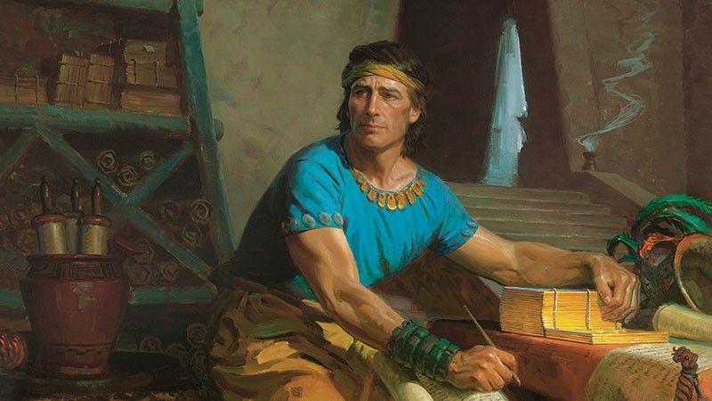 Mormon, główny autor Księgi Mormona, przepisuje złote płyty w jaskini